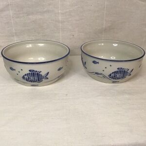 NWOT Vintage Yokohama Studio 2 Hand Painted Fish Ceramic Soup /Cereal Bowls .